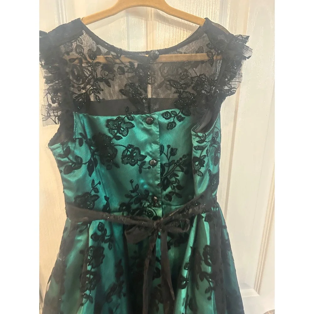 Bonnie Jean Dress Green Black Lace Floral Velvet Bow Holiday Party Formal Size 8